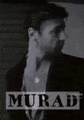 a black and white photo of a man with murad written above him