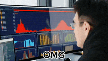 a man is looking at a computer screen with the word omg on the bottom right