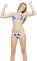 a woman in a bikini flexes her muscles against a white background