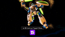 a robot with a purple sign that says ok on it