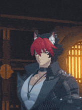 a close up of a cartoon character with red hair and a choker around his neck