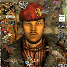 a man wearing a red beret is surrounded by dinosaurs and a sign that says rawr!