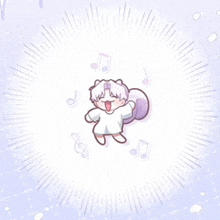 a cartoon squirrel is dancing in a circle with music notes surrounding it .