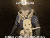 a cartoon of a wolf and a rabbit with the words corre torki tenor viene por nosotros below them