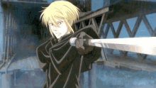 a man with blonde hair is holding a sword in his right hand