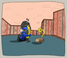 a drawing of a person kneeling down next to a gramophone