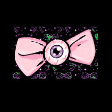 a pink bow with a eyeball in the middle on a black background