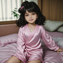 a little girl is sitting on a bed wearing a pink kimono