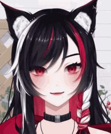 a close up of a girl with a cat ear and red and white hair .
