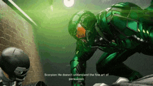 a video game scene with scorpion saying he does not understand the fine art of persuasion