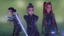 three cartoon characters are standing next to each other with swords