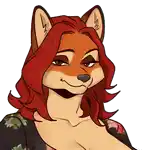 a cartoon drawing of a fox with red hair and a floral shirt .