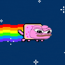 a pixel art of a pink frog with a rainbow behind it