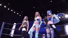 three women are standing in a wrestling ring with one wearing a mask that says tiger