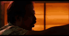 a man with a mustache is standing in front of a window with a red background .