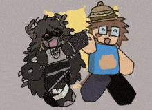 a drawing of a cartoon character and a cartoon character with glasses and a hamburger on their head .
