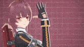 a girl in a military uniform is pointing at the word pa on a pink background