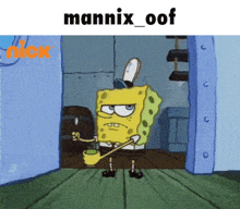 a cartoon of spongebob brushing his teeth with the words mannix_oof above him
