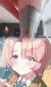 a girl with pink hair is being poured into a cup