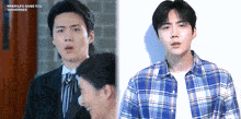a man in a suit and tie and a man in a plaid shirt are talking to each other .