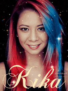 a woman with red and blue hair has the name rika on the bottom