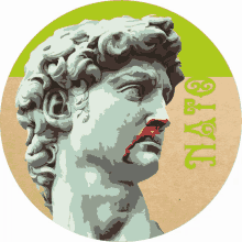 a statue of a man with a red nose and the word nasty in green letters