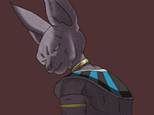 a drawing of a purple rabbit with a gold collar on