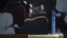 a cartoon character with a crown on his head stands in front of a building