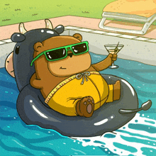a cartoon of a bear wearing sunglasses holding a martini glass