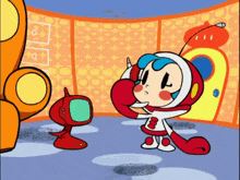 a cartoon character talking on a cell phone in front of a tv
