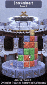 a screenshot of a game called checkerboard shows a tower of blocks stacked on top of each other
