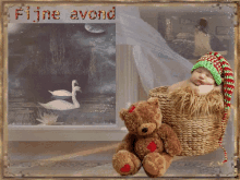 a baby is sleeping in a basket next to a teddy bear with the words fijne avond written above it