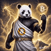 a panda bear in a toga holding a bitcoin coin