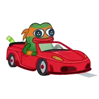 a cartoon character is driving a red car with a dollar bill flying out of the window