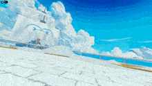 a blue sky with white clouds and a white sailboat
