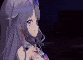 a close up of a purple haired anime girl with purple eyes and a crown on her head .