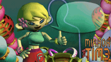 a cartoon girl is giving a thumbs up in front of a sign that says mirada time