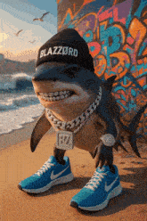 a shark wearing a beanie and a chain with the letter b on it