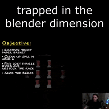 a man sitting in front of a blender with the words trapped in the blender dimension above him