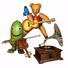 teddy playing guitar acorn playing violin old gramophone phonograph vintage gramophone