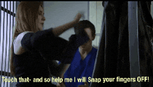 a woman tells a man to touch her and so help her