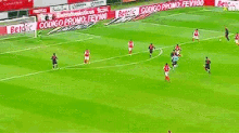 a group of soccer players are playing a game on a field