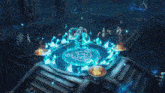 a character in a video game is surrounded by blue circles and fire .
