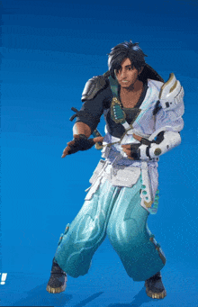 a man in a white and blue outfit stands on a blue surface