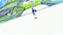 a cartoon character is standing in front of a city with a skateboard on his back