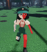 a cartoon character wearing a green hat and red gloves is running on a grassy field .