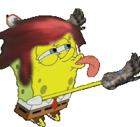 a cartoon of spongebob with his tongue hanging out holding a stick