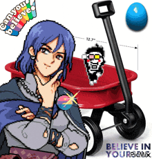 a pixel art of a person holding a lollipop next to a red wagon that says " can you believe "