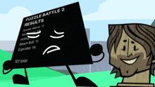 a cartoon character holding a sign that says fuzzle battle 2