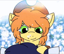 a cartoon pony with orange hair and green eyes is standing in a field of flowers